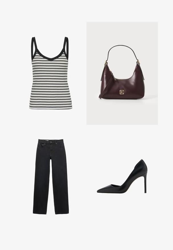 Prugasti crno-bijeli top bez rukava s V-izrezom i tankim naramenicama, koji ima rebrastu teksturu i crni rub oko izreza i otvora za ruke.; Crne traperice širokog kroja napravljene od denima, sa pet džepova, kopčanjem na dugme, suptilnim šavovima i ravnim krojem od struka do rubova.; Mango Visoke pete - black; Bordo kožna torba s zakrivljenim oblikom, zlatni akcenti na hardveru i zatvorena na patentni zatvarač. Ima odvojivi rameni pojas.