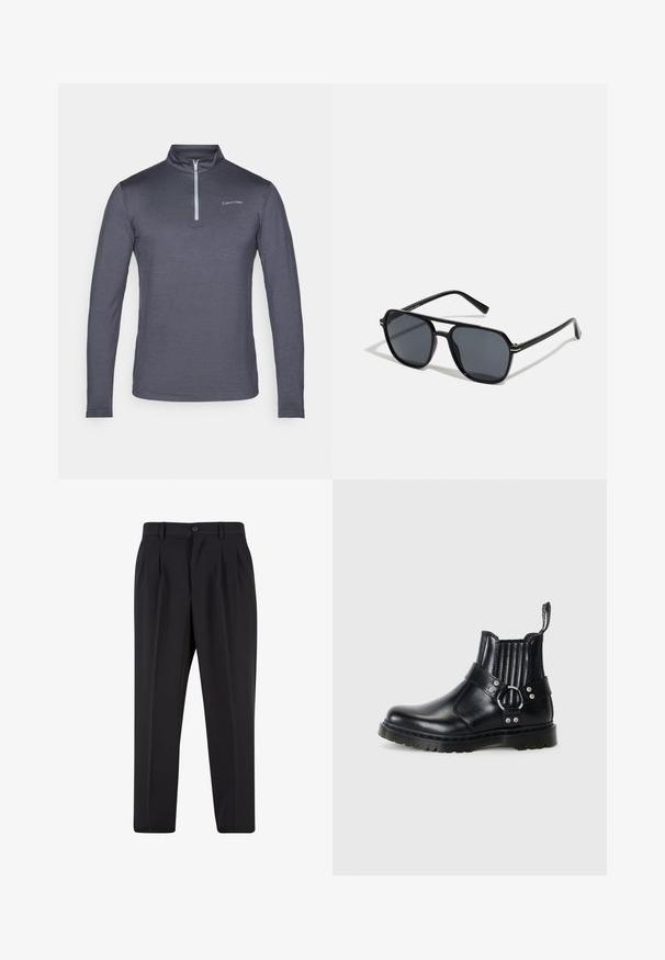 Dolga majica s snemljivo zadrgo Calvin Klein v temno sivi barvi, izdelana iz gladkega materiala; ima minimalistični logotip na levem prsnem delu.; Črne hlače z nabranim sprednjim delom, narejene iz gladkega materiala. Imajo gumbasto zapiranje in zanke za pas; ravne hlačnice.; Črne usnjene gležnjarje z rebrastimi elastičnimi stranmi, metalnim zaponko in teksturiranim podplatom za oprijem.; Črne sončne naočniki z oktagonalnim okvirjem, temnimi lečami, sijočo površino, tankimi nogicami in zlatimi detajli spredaj.