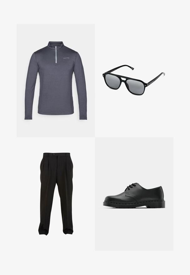 Calvin Klein pitkähiha, vetoketjukauluksellinen paita tummassa harmaassa, valmistettu sileästä kankaasta; siinä on pieni logo vasemmassa rinnassa.; Mustat housut sileällä kankaalla, etupuolelta laskostetut, napilla varustettu vyötärö ja kapenevat nilkkaleikat. Klassinen hyvin istuva siluetti.; Musta nahkainen oxford-kengät, joissa on nauhakiinnitys, pyöreä kärki, litteä kumipohja ja hillitty ompelutaito yläosassa.; Mustat aurinkolasit suorakulmaisilla kehyksillä, harmaasävyisillä linsseillä ja siltaleikkauksella. Tyylikäs, kiiltävä muovimateriaali, kapeilla temppeleillä.