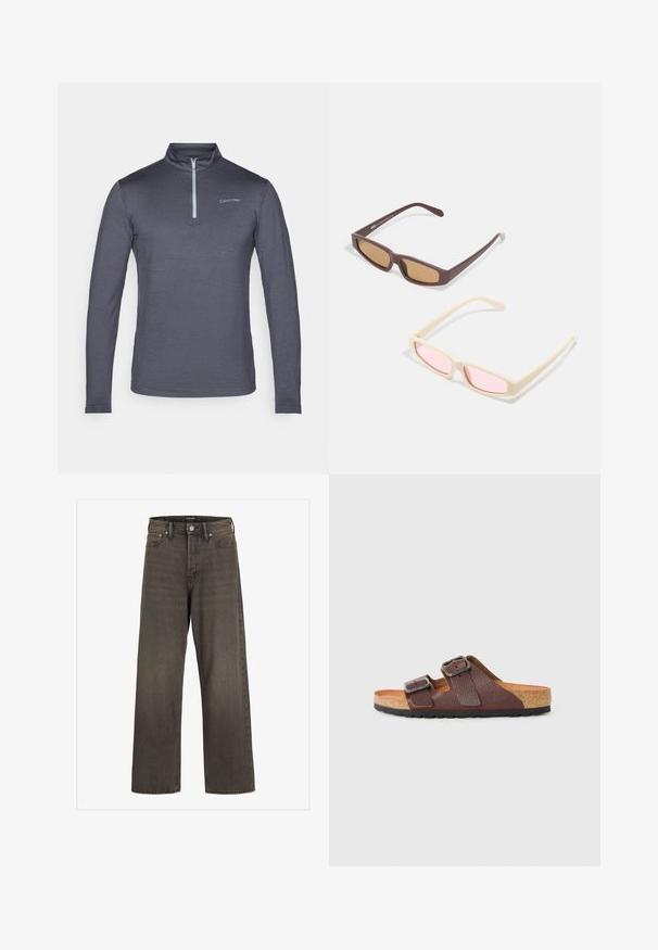 Calvin Klein langermet, glidelås-hals topp i mørkegrå, laget av glatt stoff; har en minimalistisk logo på venstre bryst.; Videbukser i mørkegrå denim, med høj talje, klassisk fem-lomme design og kontrasterende syninger langs sømmene.; Brune lær sandaler med to justerbare spenne stropper, kork såle, myk lys brun innersåle og svart gummi såle, vist i sideprofil.; To par solbriller: en brun med brune tonede linser, den andre kremfarget med rosa tonede linser; begge har et elegant rektangulært design.