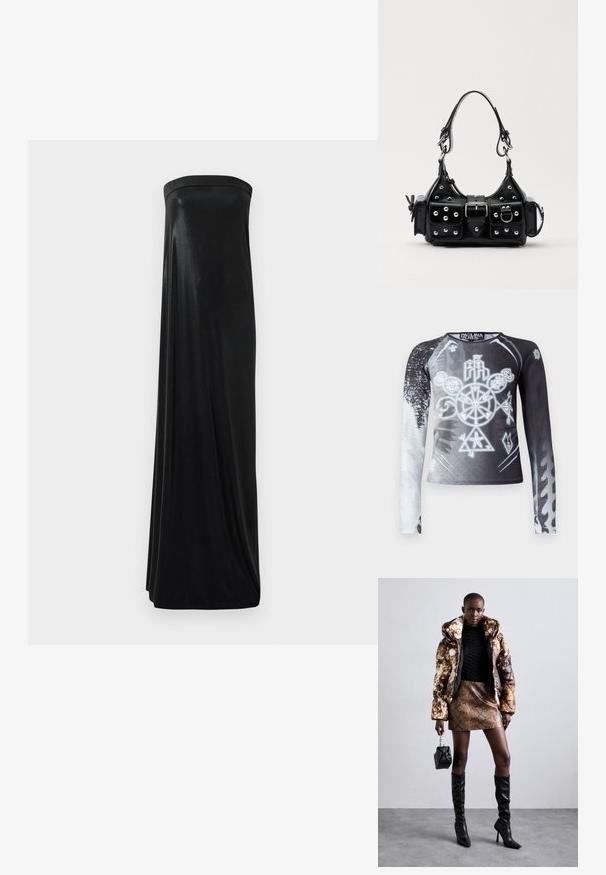 Długi rękaw bluzki w czarno-białym gradiencie, z graficznymi symbolami w odcieniach szarości. Wykonana z gładkiego, lekkiego materiału.; Czarna maksidługa sukienka bez ramiączek wykonana z gładkiego, błyszczącego materiału. Posiada dopasowany górny fason i swobodny krój, sięgający ziemi bez ozdób.; Kurtka puchowa w brązowo-czarny wzór, w połączeniu z brązową mini spódnicą w wężowy wzór, czarnymi wysokimi kozakami do kolan i małą czarną torebką.; Czarna skórzana torebka w zakrzywionym kształcie, z srebrnymi ćwiekami, klamrą i dwoma bocznymi kieszeniami. Regulowany pasek umożliwiający różne opcje noszenia.