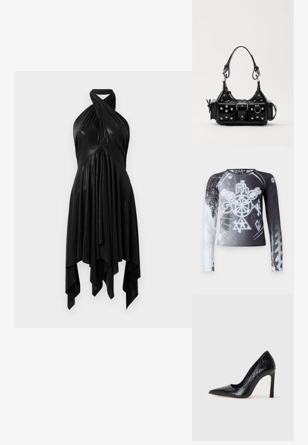 Długi rękaw bluzki w czarno-białym gradiencie, z graficznymi symbolami w odcieniach szarości. Wykonana z gładkiego, lekkiego materiału.; Czarna sukienka na halter z drapowanym wzorem. Wykonana z błyszczącego materiału, z skręconym dekoltem i asymetrycznym dołem. Gładka tekstura.; Czarne szpilki z ostrym noskiem, pokryte teksturą skóry krokodyla, charakteryzujące się eleganckim wzornictwem, wysokim obcasem w stylu stiletto oraz gładkim czarnym wnętrzem.; Czarna skórzana torebka w zakrzywionym kształcie, z srebrnymi ćwiekami, klamrą i dwoma bocznymi kieszeniami. Regulowany pasek umożliwiający różne opcje noszenia.