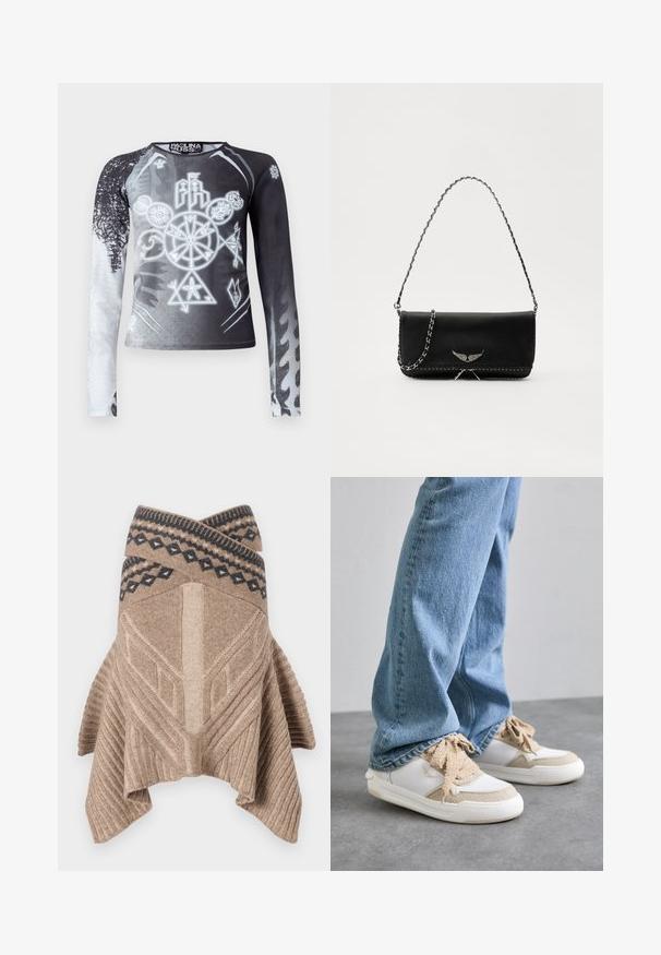 Bluză cu mânecă lungă, degradé alb-negru, având simboluri grafice în nuanțe de gri. Fabricată dintr-un material neted și ușor.; Poncho tricotat bej, cu o textură cu nervuri, design geometric și o margine contrastantă cu un model în albastru închis. Curea asimetrică, cu poale drapate.; Tenisi albi și bej cu panouri texturate, având șireturi bej și o talpă din cauciuc, asortați cu blugi din denim de un albastru deschis.; Geantă de mână din piele neagră cu un lanț din argint, având accente decorative în formă de aripi și cusături albe de-a lungul cusăturii de jos.