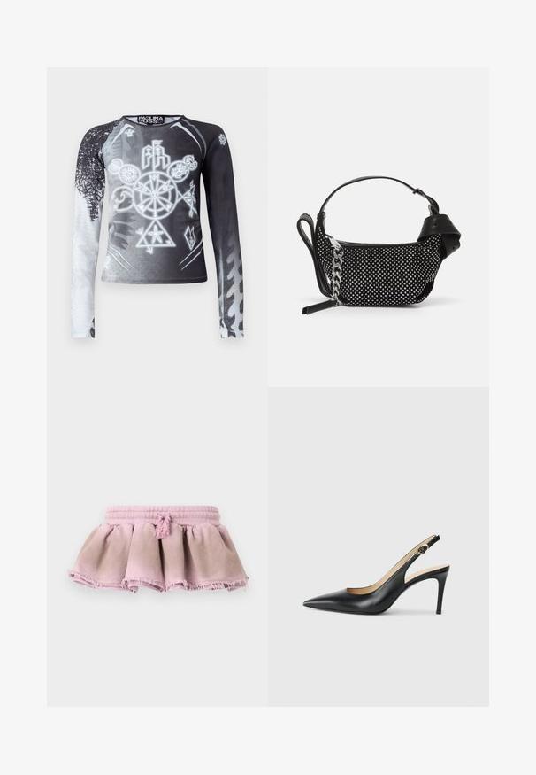 Long sleeve top with black and white gradient, featuring graphic symbols in shades of gray. Made of smooth, lightweight fabric.; Pink cotton skirt with a gathered design, featuring a frayed hem and elastic waistband with a decorative tassel.; Black leather slingback high heels with a pointed toe, adjustable strap, and a sleek stiletto heel, featuring a smooth finish.; Black handbag with a textured design, adorned with silver studs and a chunky silver chain strap. Features a sleek, minimalist shape.