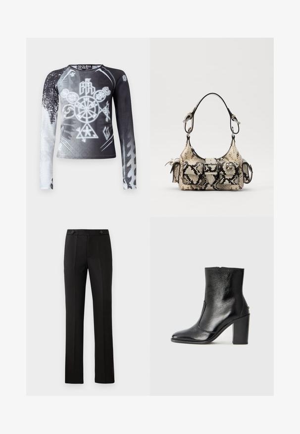 Top de manga longa com um gradiente em preto e branco, apresentando símbolos gráficos em tons de cinza. Feito de um tecido leve e suave.; Calças pretas ajustadas com perna reta, dois bolsos frontais, fecho com botão e detalhes de pregas na parte da frente. Textura de tecido suave.; Bota ankle preta em pele com uma textura suave, bico fino e um salto alto robusto. Apresenta uma abertura lateral e um design minimalista.; Saco de mão em bege e preto, com forma estruturada, detalhe de fivela e alças duplas para os ombros. Superfície texturizada.