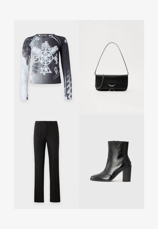 Bluză cu mânecă lungă, degradé alb-negru, având simboluri grafice în nuanțe de gri. Fabricată dintr-un material neted și ușor.; Pantaloni negri croiți, cu un croi drept, două buzunare frontale, închidere cu nasture și detalii cu pliuri în față. Textură de țesătură netedă.; Botină din piele neagră, cu o textură netedă, vârf ascuțit și toc gros, înalt. Dispune de o deschidere laterală și un design minimalist.; Geantă de mână din piele neagră cu un lanț din argint, având accente decorative în formă de aripi și cusături albe de-a lungul cusăturii de jos.