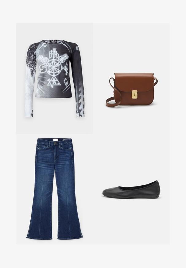 Pikend varrukatega top musta ja valge gradientiga, millel on graafilised sümbolid hallides toonides. Valmistatud siledast ja kergekaalulisest kangast.; Tumedat sinised laiad teksad, mis on valmistatud denimist. Omavad kõrget vööd, eesmine taskud ja lõhikud hemmi juures. Klassikaline viie-tasku disain.; Musthave mustika tantsutossud mustast nahast, ümmarguse varbaga, siledast tekstuurist, minimaalse õmblusdetailiga ja paindliku tallakujundusega.; Pruunist nahast käekott, millel on klapiga sulgur, kuldne riistvara, õlarihm ja sile tekstuur. Kompaktne ristkülikukujuline vorm.