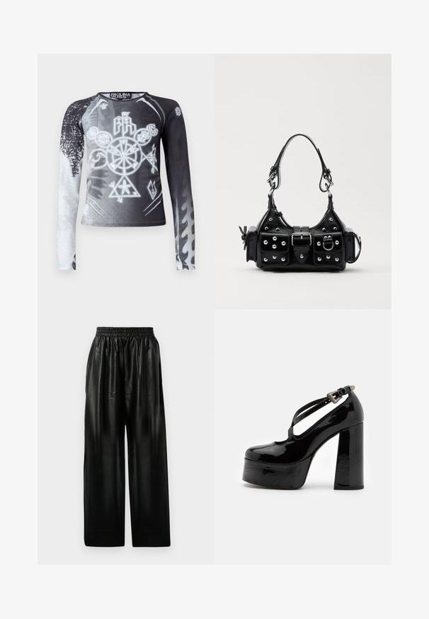 Langarm top met zwart-wit verloop, versierd met grafische symbolen in grijstinten. Gemaakt van een gladde, lichte stof.; Zwarte leren wijde broek met een elastische tailleband, voorzien van twee zijzakken en een gladde, glanzende textuur.; The Kooples CHAUSSURES - Hoge hakken - black; Zwarte lederen handtas met een gebogen ontwerp, voorzien van zilveren studs, een gesp en twee zijvakken. Verstelbare schouderband voor verschillende draagmogelijkheden.