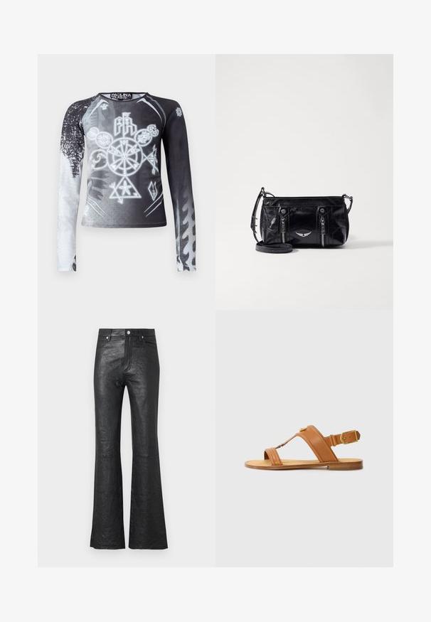 Garais piedurkņu tops ar melnbaltu gradientu, ar grafiskiem simboliem pelēko toņu krāsā. Izgatavots no gludas, vieglas auduma.; Melna ādas izplešanās bikses ar grumbuļotu tekstūru, augstu vidukli, priekšējām kabatām un klasisku pogu aizdari ar rāvējslēdzēju.; Brūnas ādas sandales ar regulējamu potītes siksniņu, plakanu zoli un krustveida augšējām siksnām. Gluda tekstūra, minimālisma dizains, zelta aksesuāru akcents.; Melns mākslīgās ādas plecu soma ar rāvējslēdzēja kabatām, dekoratīvu sudraba emblemu un regulējamu siksnu. Spīguļojoša tekstūra un kompakta forma.