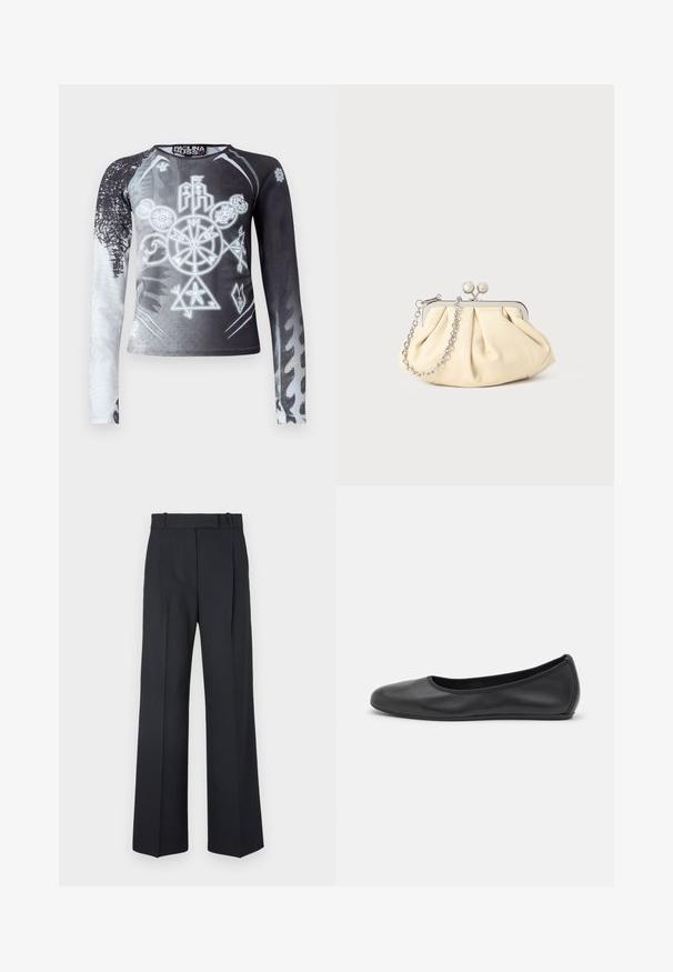Długi rękaw bluzki w czarno-białym gradiencie, z graficznymi symbolami w odcieniach szarości. Wykonana z gładkiego, lekkiego materiału.; Ciemnoniebieskie spodnie w paski z wysokim stanem, szerokimi nogawkami i bez widocznych elementów metalowych lub ozdób. Gładka tekstura i dopasowany krój.; Czarne skórzane baletki z zaokrąglonym noskiem, gładką fakturą, minimalnymi przeszyciami i elastycznym designem podeszwy.; Złożona beżowa skórzana kopertówka z srebrną metalową ramą, z dwoma okrągłymi dekoracyjnymi zapięciami i srebrnym łańcuszkiem.