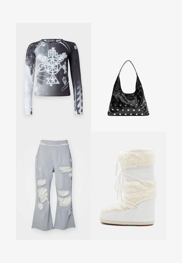 Dugulja s dugim rukavima u crno-bijelom gradijentu, s grafičkim simbolima u nijansama sive. Izrađena od glatkog, laganog materijala.; Sive trenirke s dizajnom širokih nogavica, s više izliznih zakrpa koje otkrivaju svjetliju tkaninu. Elastični pojas za udobnost.; Bijele Moon Boots s gornjim dijelom od lažnog krzna, vezanjem sprijeda i gumenim potplatom. Teksturirana površina i utisnuti logo na strani. Čvrst, podstavljen dizajn.; Crna kožna torba s opuštenim oblikom, ukrašena srebrnim kružnim zakovicama i jednim remenom za rame. Glatka tekstura i sjajan završetak.
