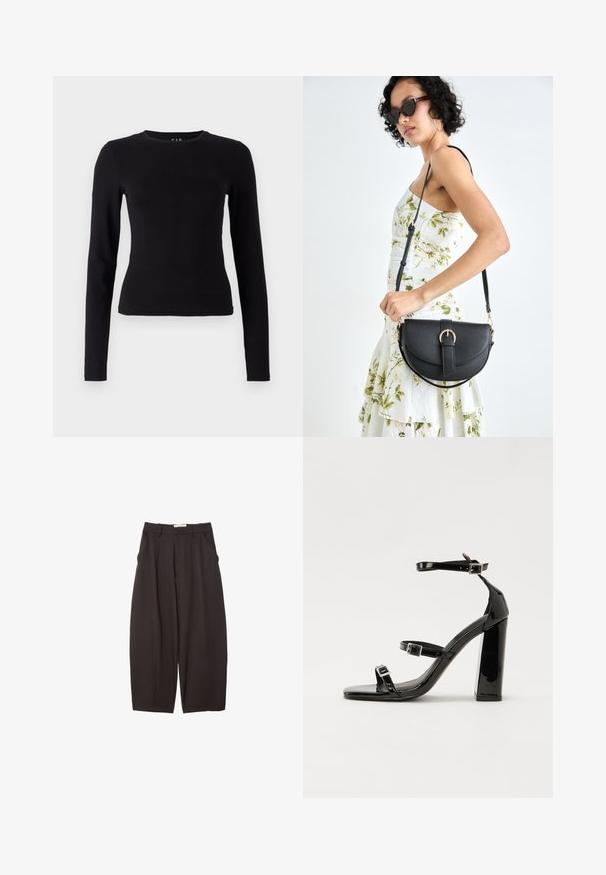 Czarny longsleeve z długim rękawem wykonany z miękkiej, lekkiej bawełny. Dopasowany krój z okrągłym dekoltem i prostym wykończeniem, bez widocznych wzorów czy akcentów.; Czarne spodnie o szerokich nogawkach wykonane z gładkiego materiału, z wysokim stanem, plisami z przodu i bocznymi kieszeniami. Prosty fason bez zdobień.; Czarne lakierowane sandały na wysokim obcasie, z dwoma paskami zapinanymi na klamry, kwadratowy nosek i masywny obcas typu słupek, o gładkiej, błyszczącej fakturze.; Czarna skórzana torebka o zakrzywionym kształcie, z odpinanym paskiem i złotymi akcentami. Torebka posiada klapę z zapięciem w kształcie klamry.