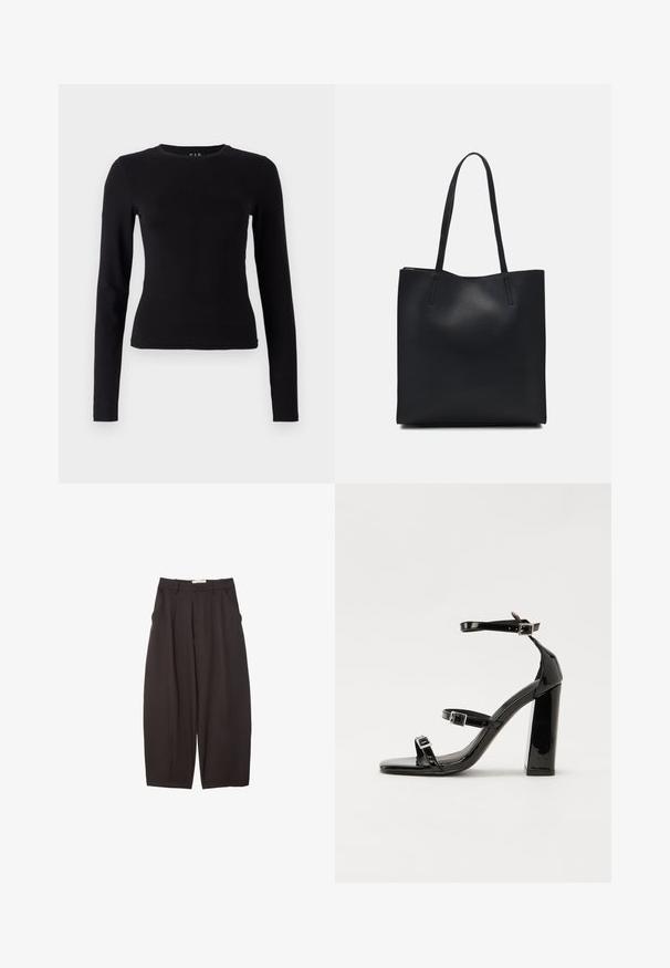 Musta pitkähihainen paita, joka on valmistettu pehmeästä, kevyestä puuvillasta. Vartalonmyötäinen malli, jonka kaulus on pyöreä ja helmassa suora leikkaus, eikä siinä ole näkyviä kuvioita tai yksityiskohtia.; Mustat leveälahkeiset housut, jotka on valmistettu sileästä kankaasta. Niissä on korkea vyötärö, etupleatsit ja sivutaskut. Yksinkertainen muotoilu ilman koristeita.; Musta kiiltävä korkokenkä sandaalit neliönmuotoisella varpaalla, nilkkaremmillä ja hopeisilla soljilla. Varustettu tukevalla lohkokorkealla vakauden takaamiseksi.; Mustapahkainen kangaskassi, jossa on sileä pinta, suorakaiteen muotoinen ja kaksi pitkää kahvaa. Ei näkyvää metalliosaa tai koristeita.