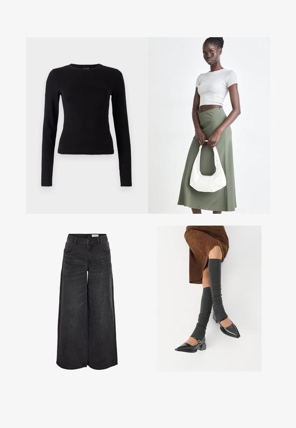 Must värviga pikkade varrukate särk, mis on valmistatud pehmest ja kergest puuvillast. Ümara kaeluse ja sirge hemiga vormitud disain, millel pole nähtavaid mustreid ega aktsente.; Laiad mustad denimpüksid kõrge vöökohaga, ees olevate taskutega ja peene tekstuuriga; loodud mugavaks istumiseks.; Mustad patsaline odav värviga kingad, millel on kreen ja pahkluuring, on paaritatud hallide ribakudumitega sääremiidega ja pruunist nahast seelikuga.; Hallid hall pitsakene ja oliiviroheline kõrge vöökohtadega seelik. Mudel hoiab käes valget õlakotit, millel on lõikega detailid. Lihtne disain, vormiline siluett.