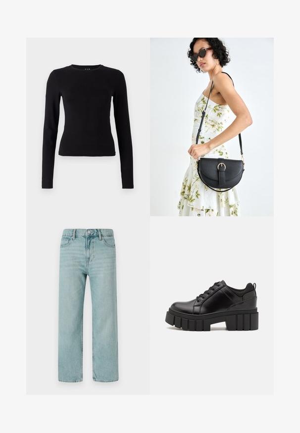 Juoda ilgomis rankovėmis palaidinė, pagaminta iš minkštos, lengvos medvilnės. Prigludęs dizainas su apvalia iškirpte ir tiesiu apatiniu kraštu, be matomų raštų ar akcentų.; Šviesiai mėlyni plačiakojai džinsai, pagaminti iš džinsinio audinio, su klasikinio penkių kišenių dizainu, švariomis linijomis ir reguliariu liemeniu su mygtuko uždarymu.; Juodi odiniai platformos batai su masyviu blokuota kulniuku, apvalia nosimi ir tradiciniu šnypštimo dizainu. Turintys glotnų paviršių ir minimalų dekoravimą.; Juodas odinis krepšys su išlenkta forma, nuimamu dirželiu ir auksiniais detalėmis. Krepšys turi kilpą su sagtimi.