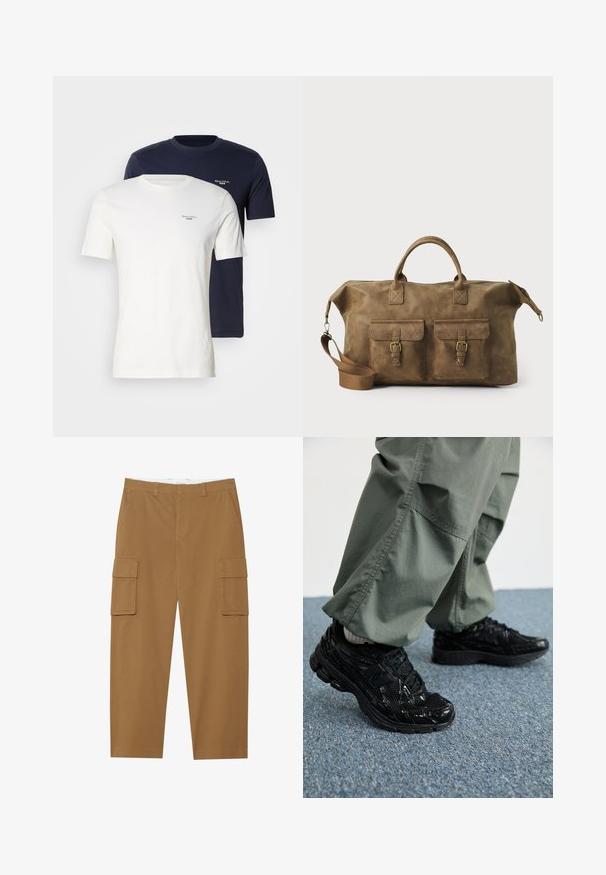 Divi apģērbu pogu kreklam ar apaļu izgriezumu, viens balts un otrs tumši zils, izgatavoti no mīksta auduma, ar mazu logotipu uz krūšu daļas kontrastējošā krāsā.; Ceri brūni cargo bikses ar divām sānu kabatām, plakanu priekšpusi un taisnu kāju griezumu. Izgatavotas no izturīgas auduma ar gludu tekstūru.; Melni sporta apavi ar spīdīgu un sieta tekstūru, ar biezu zoli un auklām, kombinēti ar brīvām olīvzaļām kravas biksēm.; Brūns ādas ceļojumu soma ar diviem priekšējiem kabatām, regulējamu plecu siksnu, zelta detaļām un stingrām augšējām rokturiem. Gluda tekstūra.