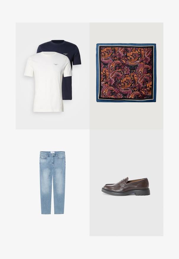 To crewneck t-skjorter, en hvit og en marineblå, laget av mykt stoff, med et lite logo på brystet i en kontrastfarge.; Lyseblå jeans med rett ben laget av denim. Har fem-lommers design, falmede områder og et merke på livet. Ingen dekorasjoner.; Brune lærloafers med en glat finish, rund tå, minimal syning og en tyk sort gummisål. Ingen synlig hardware eller accenter.; Silke skjerf med et paisley-mønster i dyp rød, oransje og lilla, kantet med mørk blå og svart, med en glatt tekstur.