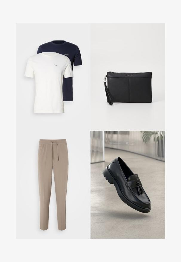 Kaksi pyöreäkaulaista t-paitaa, yksi valkoinen ja yksi laivastonsininen, valmistettu pehmeästä kankaasta, jossa on pieni logo rinnassa kontrastivärillä.; Harmaat vaaleat housut, joissa on joustava vyötärö, säädettävä nyöri ja kapeat lahkeet. Kangas näyttää sileältä ja siinä on hienoinen kiilto.; Mustat nahkaiset loafersit, joissa on sileä pinta, koristeellinen hapsu, paksu kumipohja ja ommellut yksityiskohdat. Kevyt ja virtaviivainen muotoilu.; Mustat synteettiset hihnataskut, joissa on vetoketjukiinnitys, ranneunos ja sileä pinta. Sisältää hienovaraisia ompeleita ja kohokuvioidun logon etupuolella.