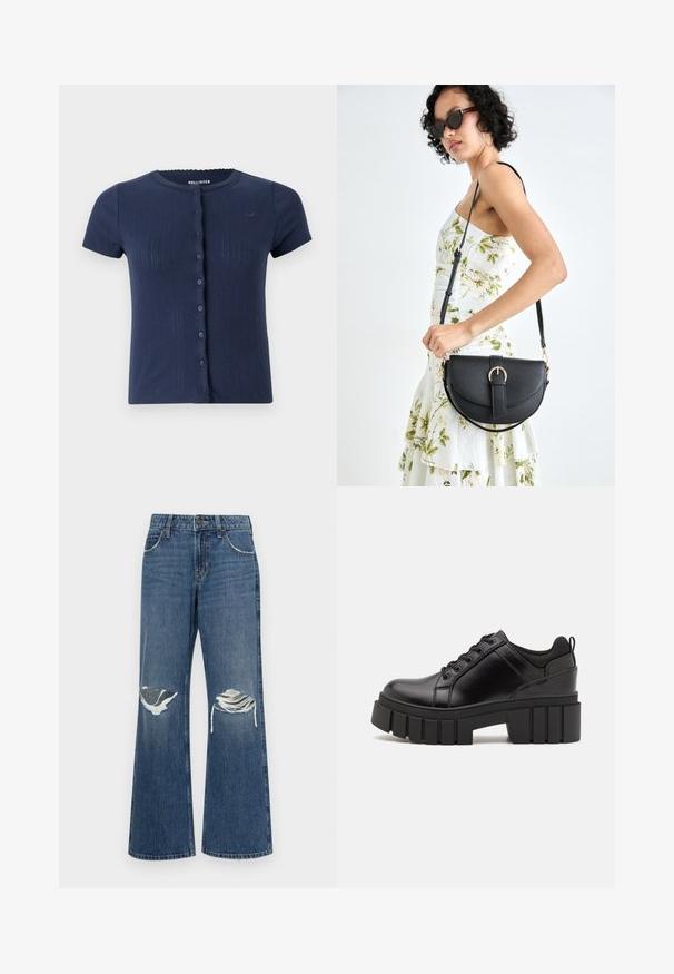 Tengerész kék bordázott, rövid ujjú kardigán, kerek nyakkivágással, fodros szélekkel és hat gombbal az elején. Diszkrét logó a mellkasán.; Középkék, bő szabású farmernadrág, különleges térd-szakítékokkal, nyers szegéllyel és klasszikus, öt zsebes dizájnnal, fém gombos záródással.; Fekete bőr platform cipők vaskos blokk sarkakkal, kerek orral és hagyományos fűzős kialakítással. Simára csiszolt felület és minimális részletezés jellemzi.; Fekete bőrtáska ívelt formával, levehető pánttal és arany színű fémrészekkel. A táskán egy csattal díszített fedél található.