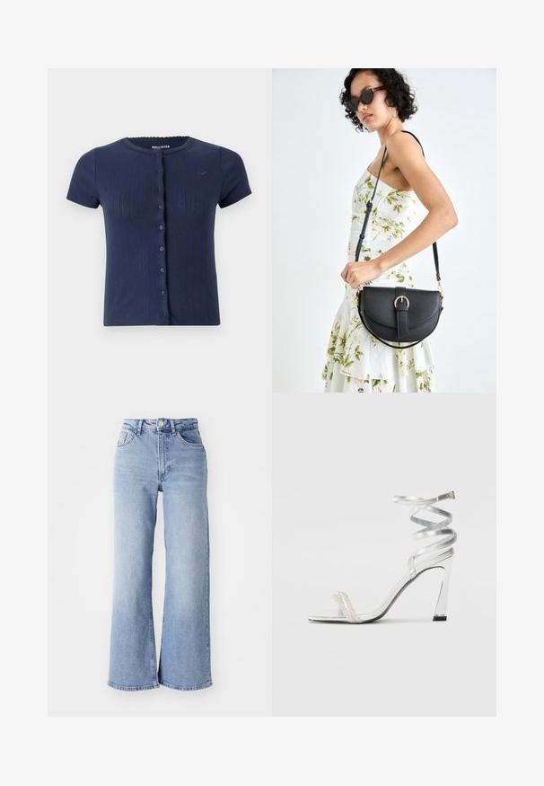 Námornícky modrý žebrovaný kardigán s krátkými rukávy a kulatým výstřihem, s vlnitými okraji a šesti knoflíkovými zapínáními vpředu. Diskrétní logo na hrudi.; Světle modré kalhoty s vysokým pasem a širokými nohavicemi, s předními a zadními kapsami, zapínáním na knoflík a jemným zesvětlením na stehnech a lemech.; Stříbrná sandál s vysokým podpatkem a lesklým designem pásku, se zdobným akcentem připomínajícím perlu a spirálovým kotníkovým páskem pro bezpečné uchycení.; Černá kožená kabelka s křivkovým tvarem, odnímatelným popruhem a zlatými detaily. Kabelka má klopu s přezkou.
