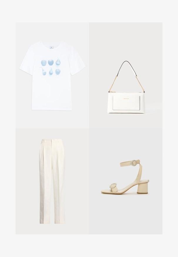 Biela bavlnená tričko s modrou grafikou šiestich ilustrácií ovocia: tri jablká a tri hrušky rôznych tvarov a veľkostí.; Polo Ralph Lauren HEMP WIDE LEG PANT - Nohavice - nevis; Béžové sandále na vysokom podpätku s minimalistickým dizajnom, zdobené dvoma kruhovými akcentmi a masívnym podpätkom. Vyrobené z hladkej kože.; Biele kožené kabelka s textúrovaným povrchom, ktorá má zlatý retiazkový popruh a čierne akcenty. Obsahuje prednú kapsu a zipsové zapínanie.