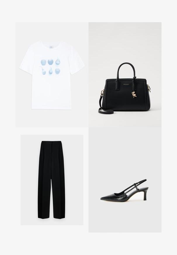 Balta kokvilnas T-kreklā ir zila grafika ar sešiem augļu attēliem: trīs ābeles un trīs bumbieres, kas atšķiras formas un izmēra ziņā.; Melni plati bikses ar augstu jostasvietu, kas papildinātas ar pudiem un gludu tekstūru. Audums izskatās viegls un eleganti krīt.; Melna patent āda ar slīdošo papēdi un smailo purngalu, ar teksturētu čūsku drukājumu, regulējamu siksniņu un īsu teksturētu blokpapēdi.; Melnas ādas rokas soma ar strukturētu dizainu, dubultiem augšējiem rokturiem, noņemamu plecu siksnu, zelta aparatūru un logo piekariņu akcentu.