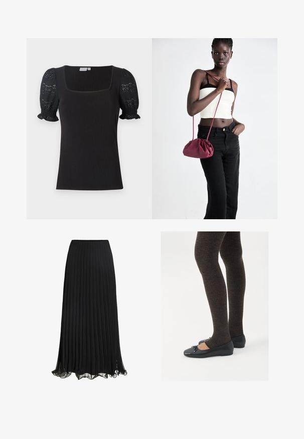 Svart ribbestrikket topp med firkantet hals og korte, puffete ermer laget av blonder. Har en tettsittende kropp og rynkede ermekanter.; Svart plissert maxiskjørt laget av lett materiale med et flytende design. Har en volangkant og elastisk midje for komfort.; Sorte flate sko med en liten sløyfedetalj på tåen, kombinert med mørkebrune ribbede strømpebukser. Skoene har en glatt overflate og lav profil.; Burgunderfarget myk stoffhåndveske med en samlet design og en lang stropp, båret som en crossover. Modellen har på seg en hvit crop-top og svarte jeans.