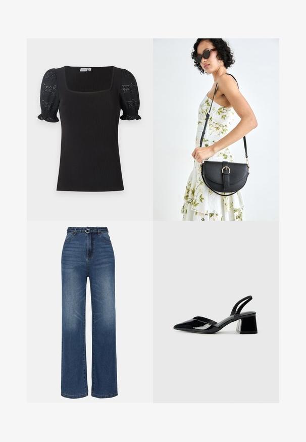 Svart ribbestrikket topp med firkantet hals og korte, puffete ermer laget av blonder. Har en tettsittende kropp og rynkede ermekanter.; Bredde ben blå denim jeans med høy midje, utstyrt med to metallspenne-detaljer, subtil fading og standard fem-lommers design.; Svarte patentlær slingback hæler med spiss tå og geometrisk blokk hæl. Har et stilrent, minimalistisk design og jevn tekstur.; Svart lærveske med en buet form, avtagbar stropp og gullbeslag. Vesken har et klaff med spenne-detall.