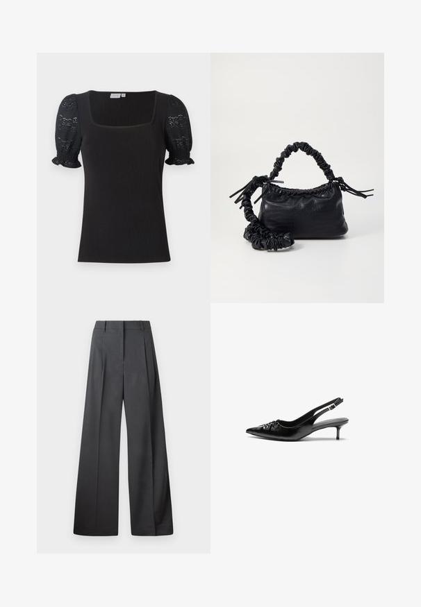 Svart ribbestrikket topp med firkantet hals og korte, puffete ermer laget av blonder. Har en tettsittende kropp og rynkede ermekanter.; Vide bukser i mørkegrått stoff med høy livlinje, enkel press, og en glatt tekstur med en ren finish på ermekantene.; Sorte skinnert remsandaler med spiss tå, liten kittenhæl og en dekorativ knute detalj foran. Glatt tekstur gjennom hele.; Svart faux skinn-håndveske med krokodilletekstur, strammet topp og en rynket stropp. Ser myk og kompakt ut i designen.