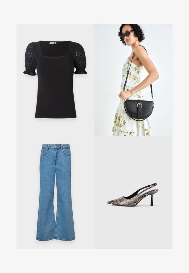 Melnā ribota blūze ar kvadrātveida izgriezumu un īsām, pūkainām piedurknēm, kas izgatavotas no mežģīnēm. Iespējo pieguļoša forma un savāktas piedurkņu malas.; Gaiši zili, platā piegriezuma džinsi, kas izgatavoti no denima, ar augstu jostasvietu, piecām kabatām un vienu pogu. Mīksta tekstūra ar nolietotu apdari.; Punktēti purngalu slingback apavi, kas izgatavoti no teksturētas čūsku drukas materiāla, ar plānu melnu papēdi un izgriezumu dizainu sānos.; Melnas ādas rokassoma ar izliekta formu, noņemamu siksnu un zelta aksesuāriem. Somai ir vāciņš ar sprādzes detaļu.