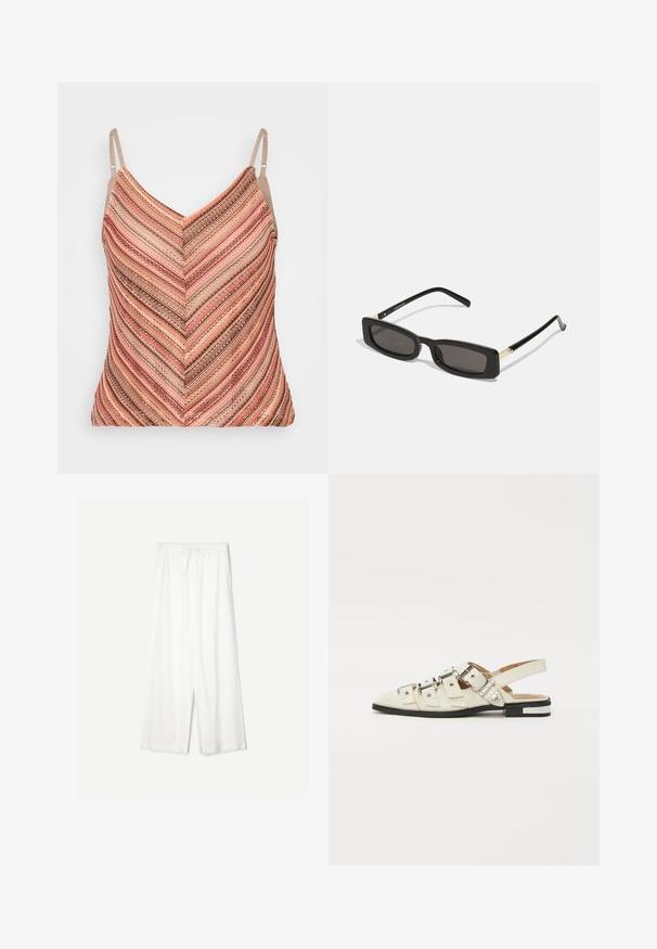 Strap top featuring a V-neckline, with textured chevron stripes in shades of pink, beige, and brown. Adjustable straps included.; White wide-leg pants with a drawstring waist, shown against a plain background, emphasizing their relaxed style and fabric texture.; Slingback sandals in white leather with multiple wide straps and silver buckles; flat sole with a small black heel and metallic accents.; Black rectangular sunglasses with dark lenses, glossy plastic frames, and gold accents on the temples. Minimalist design and sleek shape.; Yellow woven clutch wallet with a flap design, a detachable wrist strap, and a gold chain accent. Smooth texture and rectangular shape.; Gold hoop earrings with a smooth, shiny finish. Circular design featuring a small post and clear backing for secure wear.