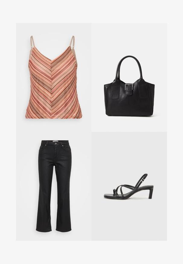 Strap top featuring a V-neckline, with textured chevron stripes in shades of pink, beige, and brown. Adjustable straps included.; Black flared jeans made of denim, featuring a front button closure, five pockets, and a smooth, slightly shiny texture.; Black strappy sandal with a square toe and a low block heel. Features multiple thin straps and an adjustable ankle strap. Made of smooth leather.; Black leather tote bag with smooth texture, structured shape, two handles, and a prominent silver buckle detail on the front.