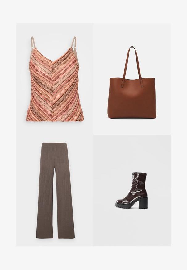 Top de alças com decote em V, com riscas em chevron texturizadas em tons de rosa, bege e castanho. Inclui alças ajustáveis.; Calças largas caneladas em cor castanho escuro, com cós elástico e tecido macio e texturizado.; Bota de tornozelo burgundy brilhante com um salto preto robusto, apresentando uma textura suave e um design simples. Sem fechos ou padrões visíveis.; Bolsa tote de couro castanho com uma textura suave, design de abertura superior e duas alças para o ombro. Apresenta costura mínima e sem hardware visível.