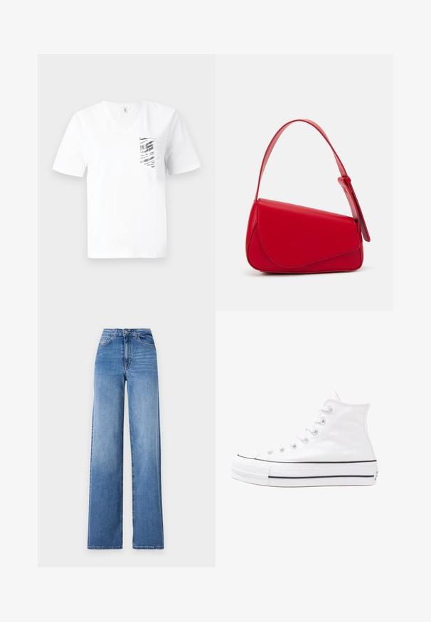 White cotton T-shirt with a V-neck, featuring a silver striped pocket design. Short sleeves and a relaxed fit.; Light blue wide-leg jeans made of denim, featuring a high waist, front pockets, and a standard button closure. Smooth texture.; White high-top canvas sneaker with black rubber sole, front rubber toe cap, and six eyelets for laces, featuring a clean, minimalist design.; Red leather handbag with an angular, geometric design. Features a single adjustable strap and a flap closure with stitched detailing.