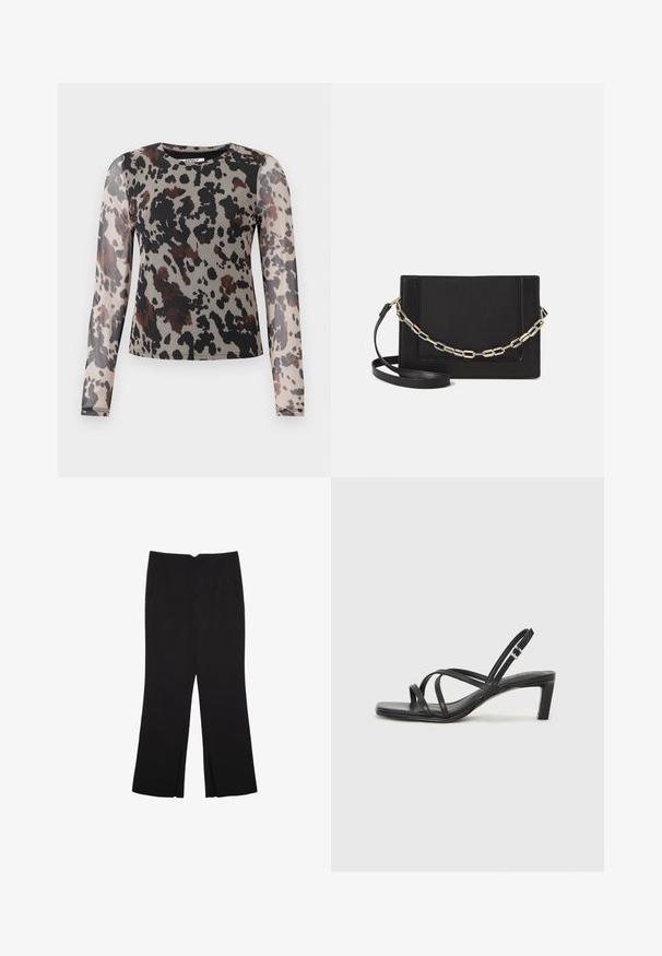 Langarmtop van lichtgewicht, doorzichtig materiaal met een luipaardprint in aardetinten van zwart, bruin en beige. Ronde halslijn.; Zwarte broek met een rechte pasvorm, voorzien van zijzakken en plooien aan de onderzijde. Gemaakt van zachte, gladde stof. Geschikt voor verschillende gelegenheden.; Zwarte sandaal met bandjes, vierkante teen en een lage blokhak. Voorzien van meerdere dunne bandjes en een verstelbare enkelband. Gemaakt van zacht leer.; Zwarte leren schoudertas met een gladde textuur, rechthoekige vorm en een metallic kettingdetail aan de voorkant. Verstelbare schouderband inbegrepen.