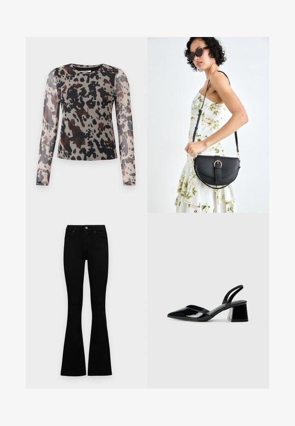 Maglia a maniche lunghe in tessuto leggero e trasparente con un motivo leopardato in tonalità terrose di nero, marrone e beige. Collo rotondo.; Jeans neri a vita alta con chiusura a bottoni e zip, tasche frontali e gambali svasati, distesi su uno sfondo bianco.; Décolleté in vernice nera con punta affusolata e tacco in geometria cubica. Presentano un design elegante e minimalista, con una texture liscia.; Borsa a tracolla nera in pelle con una forma curva, manico rimovibile e accessori dorati. La borsa presenta una patta con un dettaglio a fibbia.