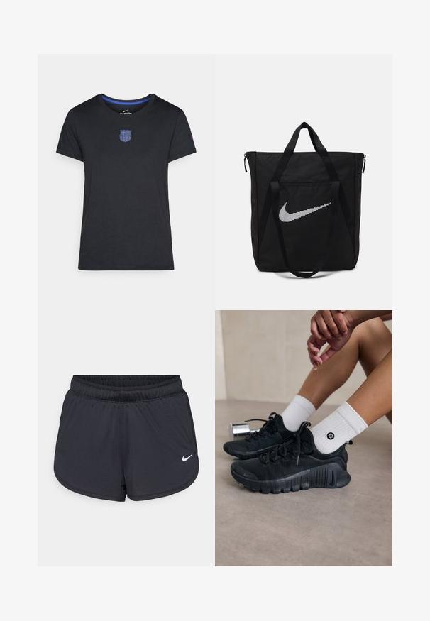 Črna bombažna majica s kratkimi rokavi, ki ima na prsih modro klubsko grb in modro obrobo okoli izreza.; Črne atletske kratke hlače z elastičnim pasom, športnega dizajna z belim Nike logotipom na spodnjem delu spredaj. Tkanina z teksturo.; Črne športne čevlje z teksturirano tkanino, vezanim dizajnom in izrazitim podplatom, v kombinaciji z belimi rebrastimi nogavicami z majhnim logotipom.; Črn najlonov torba s skrbnimi ročaji in zadrgo. Ima izrazit bel Nike swoosh logotip v horizontalnem črtastem dizajnu.