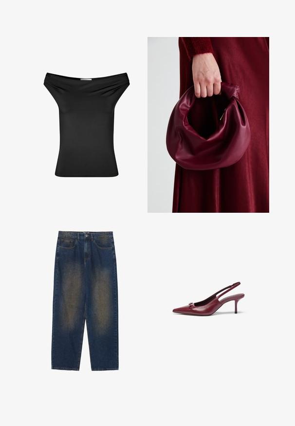 Černý off-shoulder top vyrobený z hladkého stretch materiálu. Přiléhavý střih s drapovaným výstřihem, krátkými rukávy a rovním lemem.; Modré džíny s volným střihem, středním praním, pěti kapsami, zapínáním na knoflík a mírně opranými částmi na přední straně.; Burgundské lodičky na podpatku s špičatou špičkou, vyrobené z kůže. Obsahují dekorativní prvek na nártu a 8-centimetrový jehlový podpatek.; Burgundská kožená kabelka s měkkým, nabíraným designem a zaobleným tvarem. Ucho je zajištěné a vykazuje hladkou texturu.