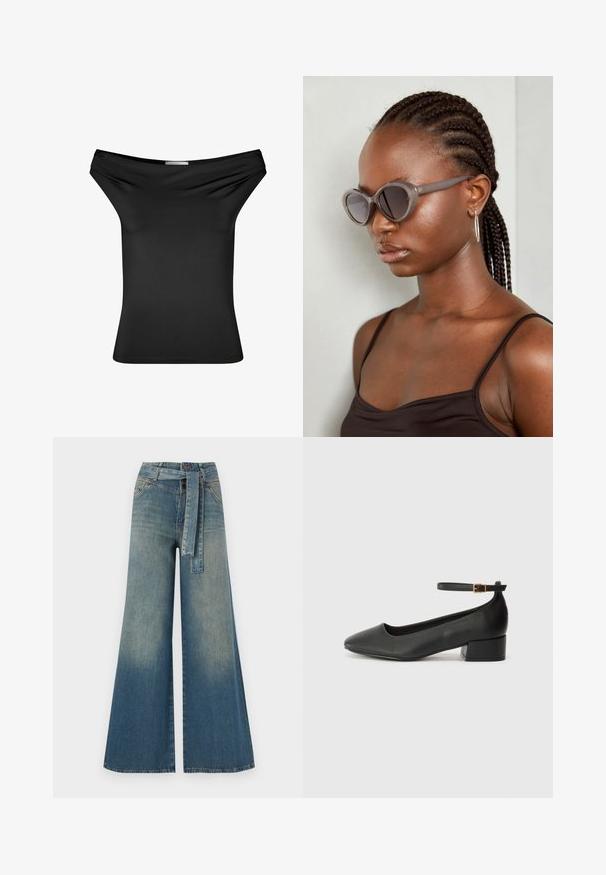 Zwarte off-the-shoulder top van gladde rekbare stof. Strakke pasvorm met gedrapeerde halslijn, korte mouwen en een rechte zoom.; Wijduitlopende denim broek met een lichte naar donkere blauwe gradient, hoge taille, riemlussen en een bijpassende stoffen riem. Gestructureerde denimafwerking.; Zwarte leren pump met een spitse neus en een lage blokhak. Beschikt over een enkelband met een goudkleurige gespsluiting. Gladde textuur.; Grijze oversized zonnebril met een ronde vorm en donkere lenzen. Strakke kunststof montuur met een gladde afwerking. Model heeft gevlochten haar.