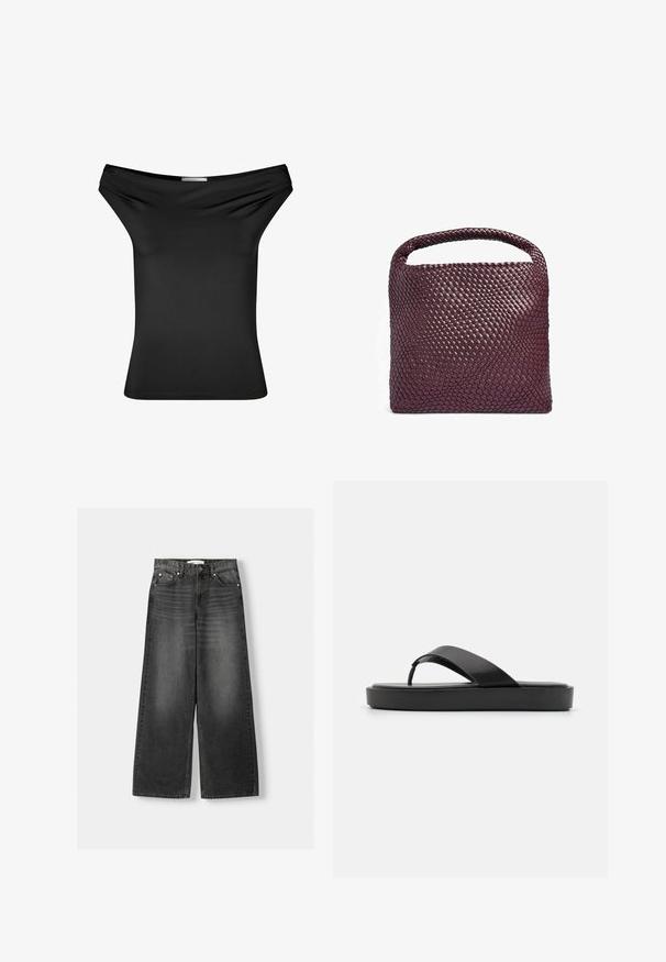 Svart av-axeln topp gjord av mjuk stretchtyg. Tight passform med draperad halsringning, korta ärmar och rak fåll.; Videbeniga, högmidjade jeans i mörkgrå denim. Har fem fickor, metallnitar och bältesöglor. Slät textur med lätt blekning.; Svarta flip-flopsandaler med ett slätt övre rem och en texturerad plattformssula. Minimalistisk design med en låg profil silhuett.; Vävt läderhandbag i djup burgundy, fyrkantig form med ett rundat handtag och en strukturerad ytmönster. Minimalistisk design.