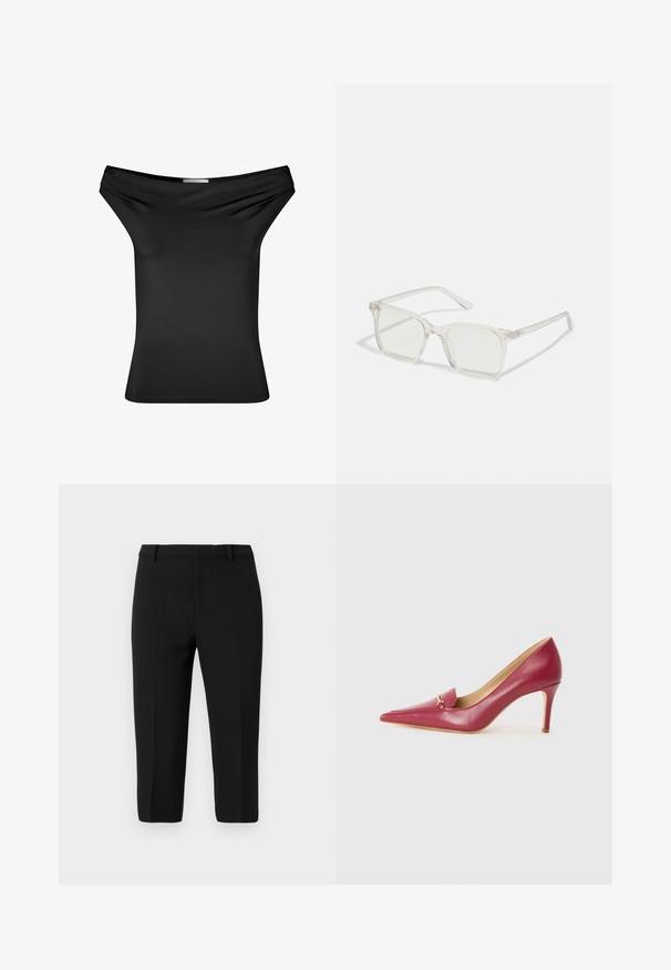 Black off-the-shoulder top made of smooth stretch fabric. Fitted design with draped neckline, short sleeves, and a straight hem.; Black tailored trousers made from lightweight material, featuring a smooth texture, straight cut, and front creases for a polished look.; Pointed-toe high heel shoe in red leather with a smooth finish, featuring a small flap and gold hardware detail on the vamp.; Clear plastic square-frame glasses with translucent lenses, featuring gold accents on the temples for added detail.