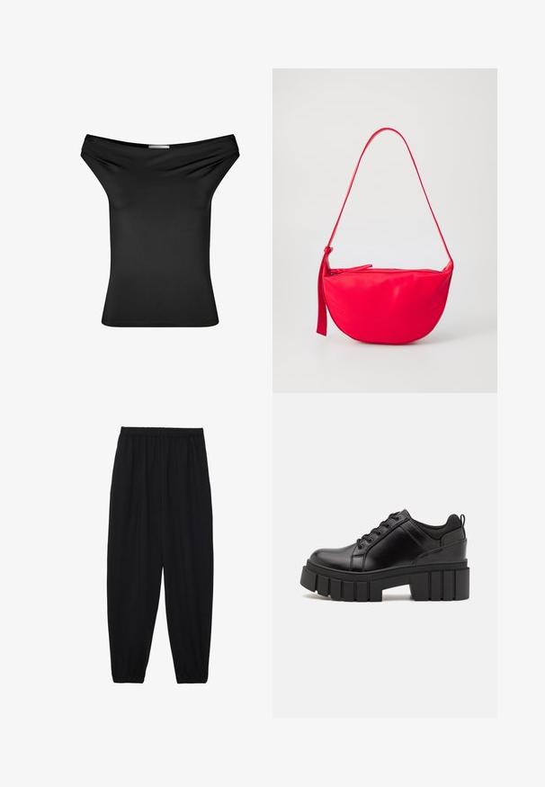 Fekete, váll nélküli felső, sima, rugalmas anyagból. Testhez simuló fazon, redőzött nyakkivágással, rövid ujjakkal és egyenes szegéssel.; Fekete, könnyű nadrág elasztikus derékkal és ráncolt bokákkal. Az anyag sima és laza, szűkített dizájnnal rendelkezik.; Fekete bőr platform cipők vaskos blokk sarkakkal, kerek orral és hagyományos fűzős kialakítással. Simára csiszolt felület és minimális részletezés jellemzi.; Piros bőr válltáska ívelt formával, cipzáros záródással és vékony állítható pánttal. Simább textúrájú, varrásos részletekkel.