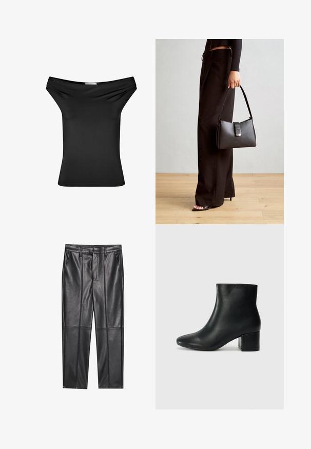 Top negro sin mangas, elaborado en una suave tela elástica. Diseño ajustado con escote drapeado, mangas cortas y dobladillo recto.; Pantalones de cuero negros con una textura suave, con un corte recto, dos bolsillos frontales y detalles de costura visibles.; Botas de cuero negras hasta el tobillo con una punta afilada y un tacón grueso. Textura lisa con acentos mínimos y un diseño elegante y ajustado.; Bolso negro con forma estructurada, textura suave y un cierre metálico. Combinado con pantalones anchos negros y sandalias de dedo en un suelo de madera.