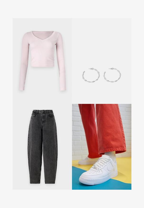 Pikad varrukad, lühike topp pehmest roosast ribakangast, millel on V-kaelus ja vormiv disain. Lihtne ja mitmekülgne stiil.; Kõrge vöökohaga mustad denimpüksid, millel on mugav lõige ja traditsiooniline viie-tasku disain ning nööpidega sulguri. Tekstureeritud, venitamata kangas.; Valge nahast tennis, millel on perforeeritud varvas, tekstureeritud tallad ja valged shoelaces, kombineeritud laia punase pükste ja sinise ning kollase taustaga.; Hõbedased rõngaskõrvarõngad keerutatud disainiga, millel on poleeritud viimistlus ja posti-tagune sulgemine. Diameeter umbes 3 cm.