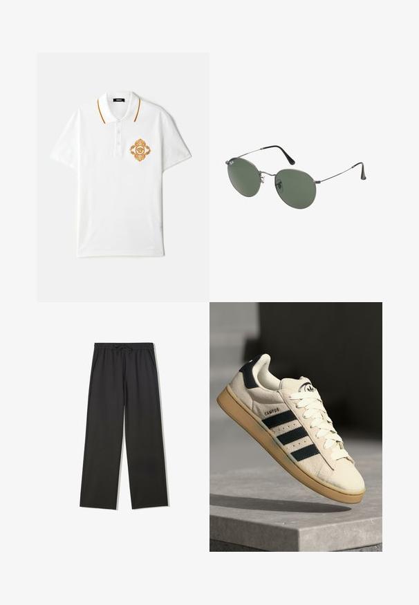 Biała koszulka polo z bawełny z pomarańczowymi akcentami przy kołnierzyku, z haftowanym złotym herbem na lewej piersi.; Czarne spodnie z elastycznym pasem i sznurkiem oraz bocznymi kieszeniami, o luźnym kroju i prostych nogawkach.; Beżowe zamszowe sneakersy z trzema ciemnoniebieskimi paskami, białymi sznurówkami i brązową kauczukową podeszwą. Zawierają logo na języku oraz tekst "CAMPUS".; Okulary przeciwsłoneczne z metalową ramą i owalnymi zielonymi soczewkami. Cienka srebrna metalowa rama i czarne końcówki zauszników. Minimalistyczny design, bez widocznych logo.