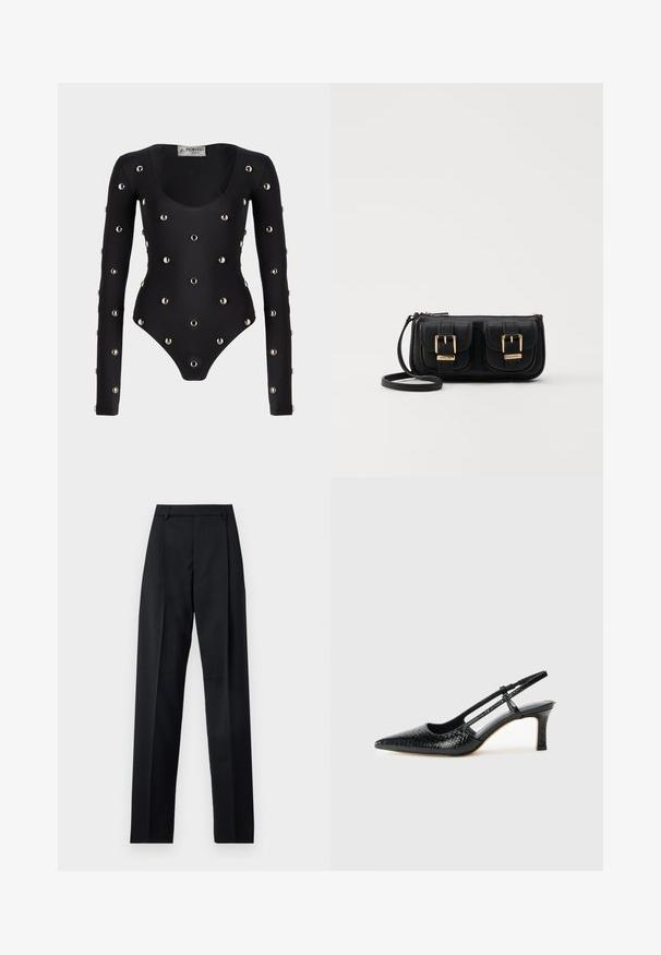 Must mustriline mustri pudeni mustri püsiku avaldab himbus ja vägmälja palludguste kihtide, rikkalikult jaotus õmblati üle pinnapealne kott, tikiotsa resp. ja suletud äärtega.; Mustad püksid siledast kangast, millel on kõrge vöökoht, laiad jalad, esimesed kortsud ja klassikalised vööloopid. Küljepockets pole nähtavad.; Mustmust paelad, millel on terav varvas, tekstuuriga maduprindiga, reguleeritav rihm ja lühike tekstuuriga plokknina.; Must küllastamata nahast õlakott, millel on kaks esist nähtavat taskut, kuldsed pandlad, tõmblukuga sulgemine ja peen rihm. Tekstuuriga pind ja kompaktne ristkülikukujuline kuju.