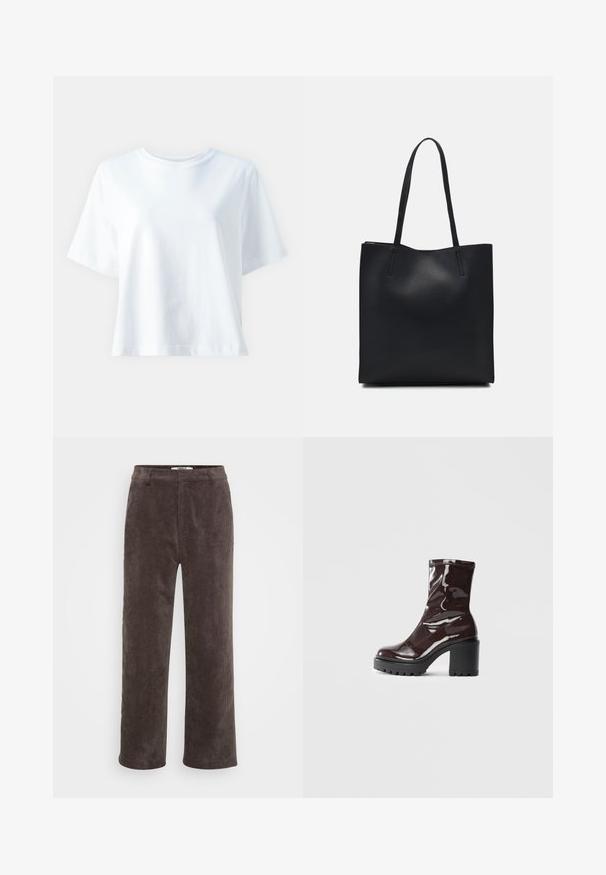 Biele bavlnené tričko s okrúhlym výstrihom, krátkymi rukávmi, voľným strihom a hladkou textúrou. Bez vzorov alebo akcentov.; Hnedé kordové nohavice s širokými nohavicami a textúrovaným povrchom, so štandardným pásom a dvoma prednými vreckami.; Lesklé burgundské kotníkové boty s robustním černým podpatkem, s hladkou strukturou a jednoduchým designem. Bez viditelných zapínání nebo vzorů.; Čierna kožená taška na rameno s hladkým povrchom, obdĺžnikovým tvarom a dvoma dlhými uchami. Bez viditeľného kovania alebo ozdôb.