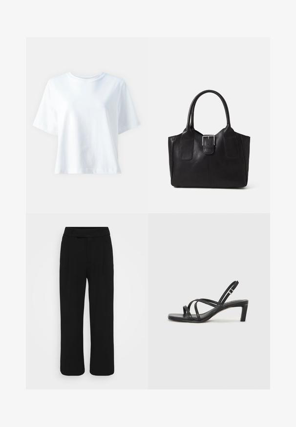 Balta medvilninė marškinė su apvaliu kaklu, trumpomis rankovėmis, laisvu siluetu ir švelnia tekstūra. Žinoma, jokių raštų ar akcentų nematyti.; Juodos plačios kelnės, pagamintos iš sklandžios medžiagos, turinčios lygią priekinę dalį, diržo kilpas ir nematomus kišenių. Švarus, pritaikytas dizainas.; Juodi šlepetės su kvadratiniu pirštu ir žemu bloku kulnu. Yra keli ploni dirželiai ir reguliuojamas kulkšnies diržas. Pagaminti iš lygios odos.; Juodas odinis nešiojamas krepšys su lygiu paviršiumi, struktūrine forma, dviem rankenėlėmis ir ryškiu sidabriniu sagties akcentu priekyje.