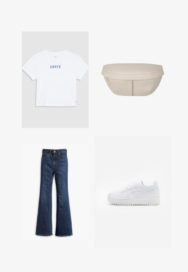 T-shirt crop in cotone bianco con il logo blu "LEVI'S" sul petto. Collo rotondo, maniche corte e un piccolo etichetta rossa sul lato.; Jeans a zampa d'elefante in denim blu scuro con vita alta, dotati di cinque tasche, chiusura con bottone e cuciture a vista lungo le cuciture.; Sneaker piattaforma bianche con texture in pelle liscia, dettagli perforati e lacci piatti; presenta una robusta suola in gomma bianca.; Pochette in tessuto beige dalla forma arrotondata, con parte superiore piatta e dettagli di cucitura sottili. Include un logo minimalista e una strap laterale.