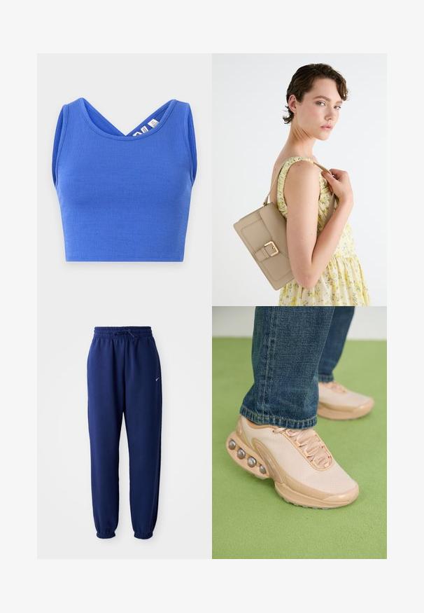 Blaues, kurzes Tanktop aus strukturiertem Material. Verfügt über ein V-Ausschnitt-Design und ärmellosen Schnitt mit einer taillierten Silhouette.; Dunkelblaue Sweatpants aus weichem Material, mit einem elastischen Bund und Kordelzug, elastischen Bündchen und einem kleinen weißen Logo.; Helle beige Sportschuhe verfügen über ein Obermaterial aus Mesh, eine Gummisohle und abgerundete Akzente mit metallischen Details. Tragen Sie sie mit blauen Jeans auf einer grünen Fläche.; Beige Lederhandtasche mit einem strukturierten Design, goldfarbener Schnallenakzent und verstellbarem Riemen, abgebildet vor einem hellen Hintergrund.